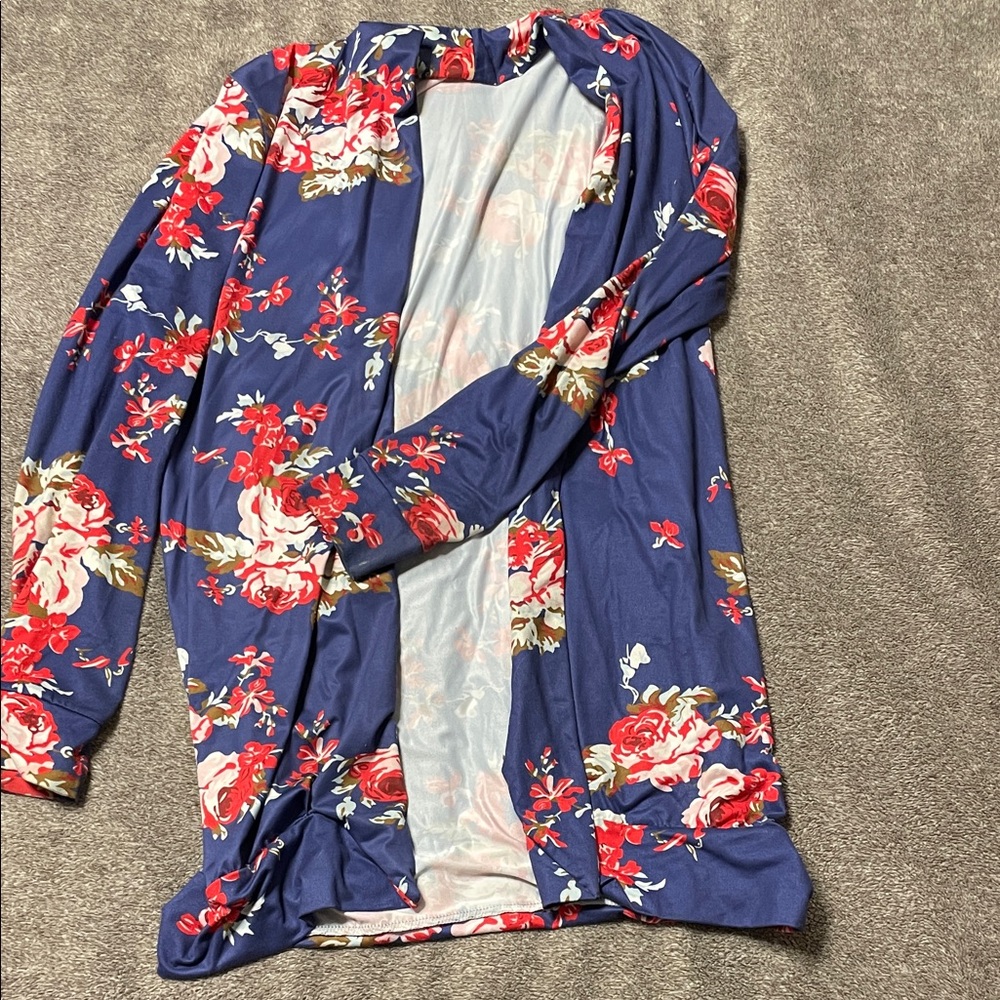 Elegant Floral Women's Cardigan - Blue and Red